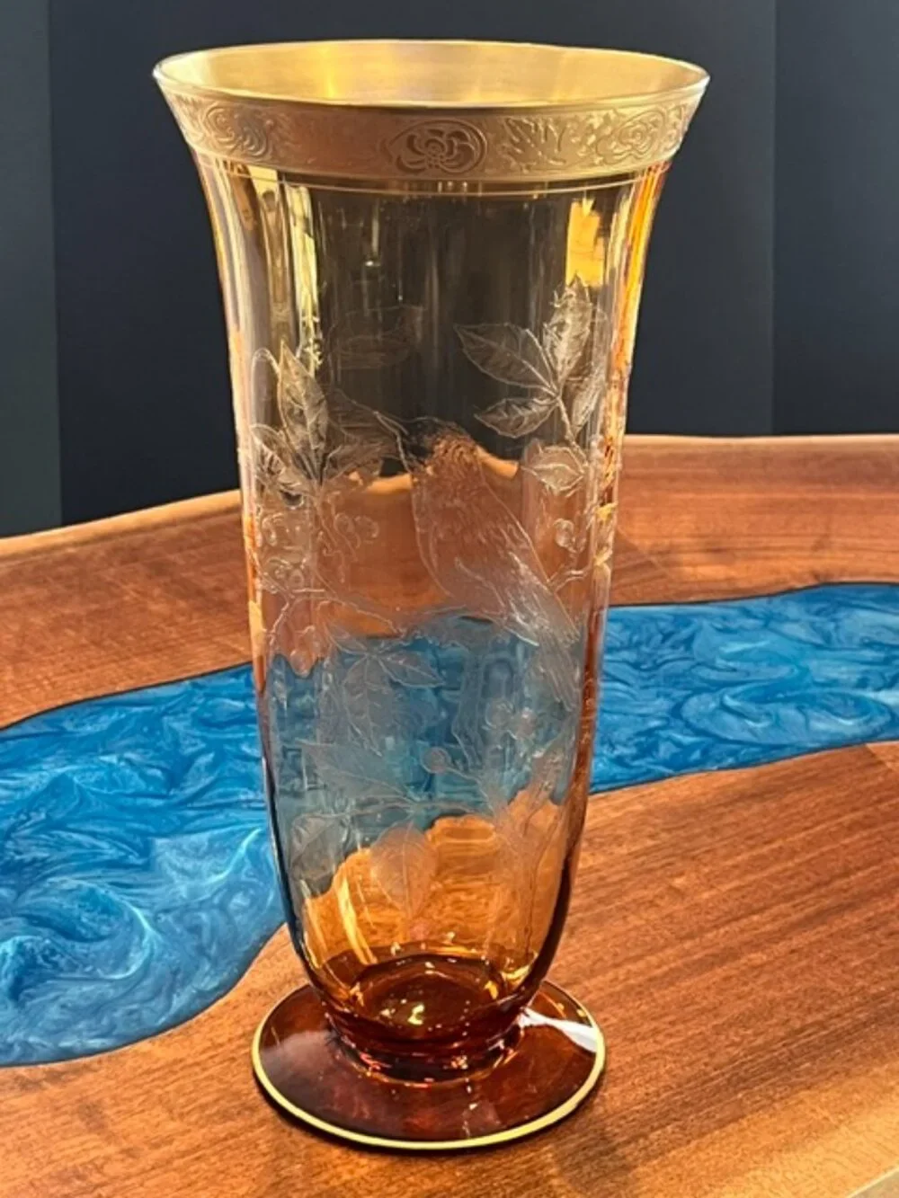 Cambridge Amber Etched Glass #717 Bird & Butterfly 13